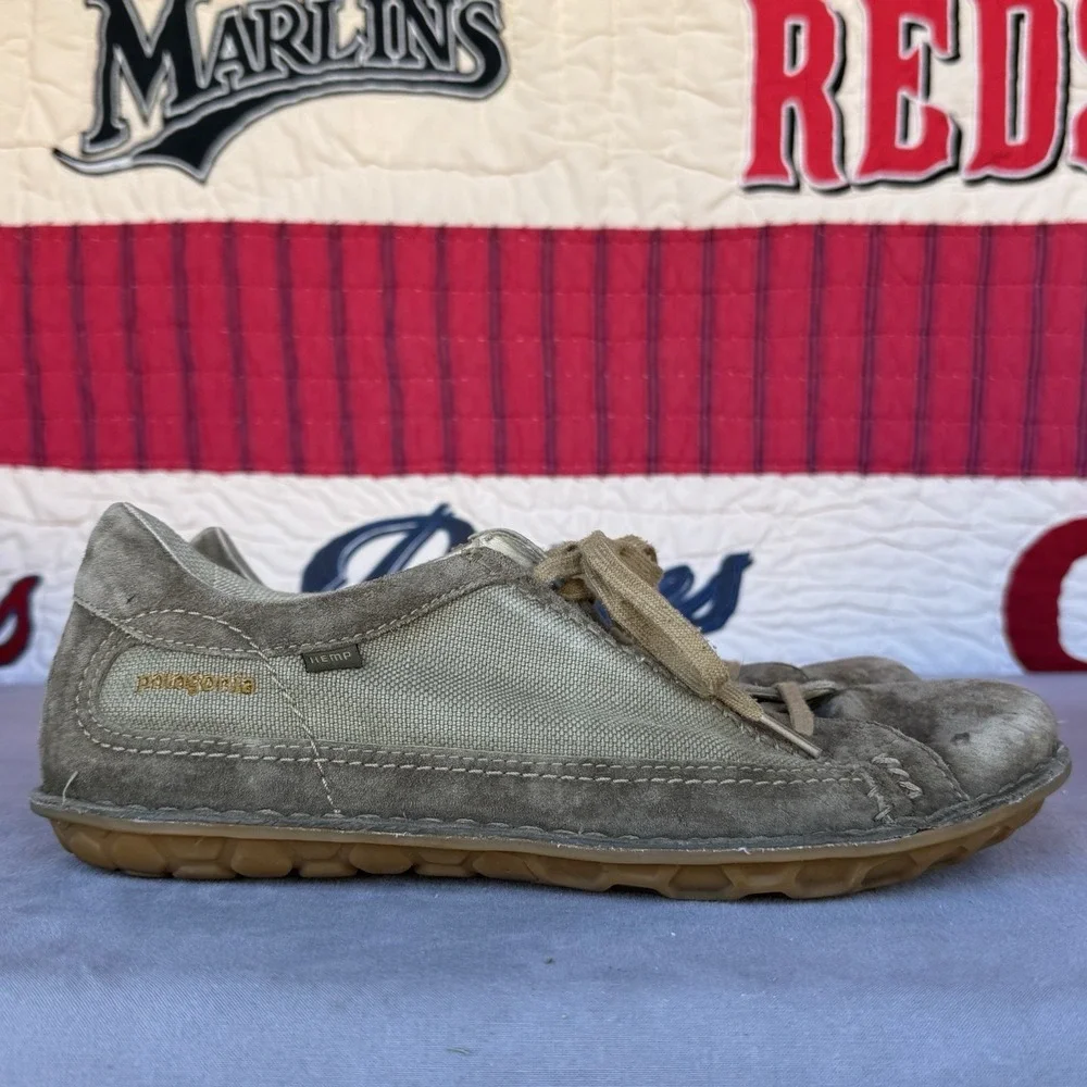 Size 13 - Patagonia Olulu Men's Hiking Shoes Sage‎ Khaki Leather Hemp Low Top